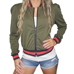 Olive Green Varsity Jacket Womens Small Black Red Striped Puff Shoulder Full Zip